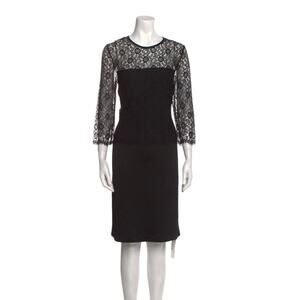 ST. JOHN black lace elegant 3/4 sleeve classic lbd crew neck scalloped dresscbg